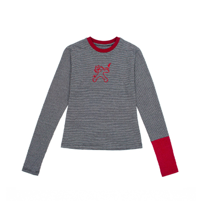 趣味撞色灰条纹纯棉长袖T恤