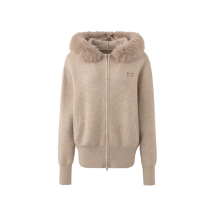 现货MoodBerry 美式复古连帽毛领针织外套女秋冬慵懒风双拉链毛衣