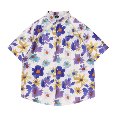 TRAVEL ISLAND 层层叠花 艺术感水彩花朵油画印花沙滩短袖衬衫