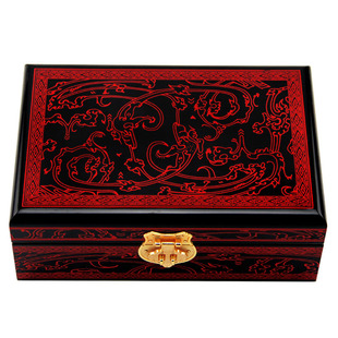 平遥推光漆器非遗首饰盒带锁木质实木盒子复古汉风结婚梳妆盒红色