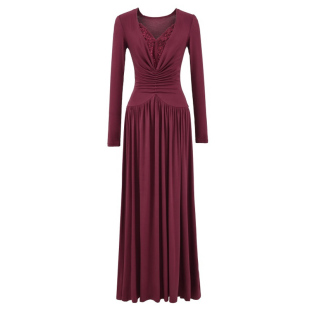 【包邮】欧美风新款时尚V领蕾丝拼接长袖连衣裙收腰显瘦气质长裙