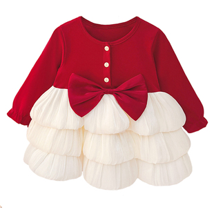 女童甜美蝴蝶结公主裙春秋长袖连衣裙洋气一周岁生日礼服红色裙子