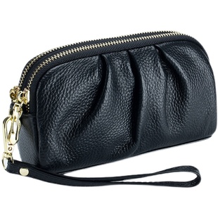 双层长款钱包气质褶皱款手拿包真皮女大容量手机包妈妈长款大钞包