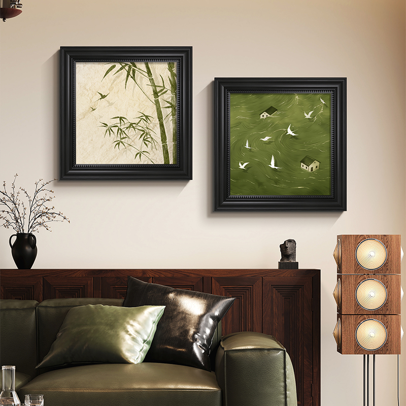 绿色飞鸟法式沙发背景墙装饰画 画客厅高级感小众艺术覆古中古风