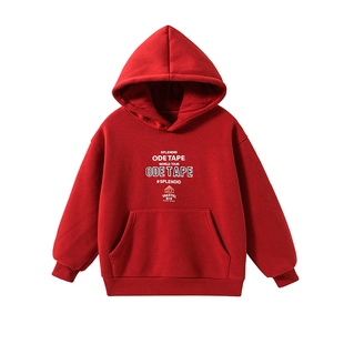 男童加绒连帽卫衣红色字母印花中大童休闲上衣冬季保暖