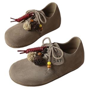 星期六真皮勃肯鞋女厚底女鞋新款软底单鞋灰色流苏豆豆鞋女款复古