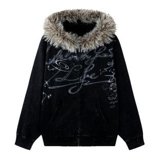 BJHG不计后果美式毛领连帽卫衣男秋冬季新款重磅座山雕夹克外套女