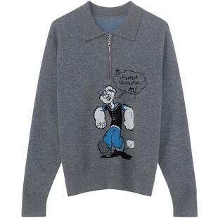 大力水手联名LAGOGO灰色提花针织衫拉谷谷2025冬款毛衣ODMM479B58