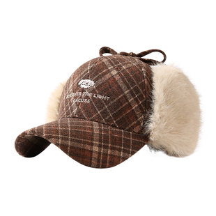 CACUSS护耳帽子女冬季棒球帽格纹加厚保暖鸭舌帽防寒大头围雷锋帽