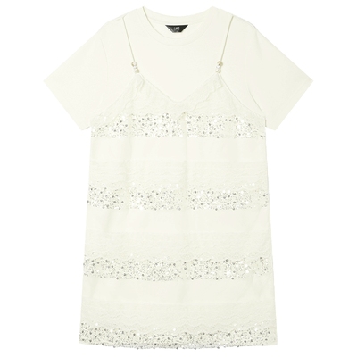 白鹿语假两件亮片绣蕾丝拼接短裙