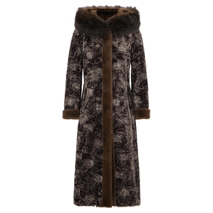 马天奴2025冬季新款棕色印花狐狸毛领连帽长款大衣外套毛绒一体女