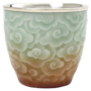 纯银999茶杯纯手工包银杯品茗杯主人杯汝窑青瓷杯家用瓷包银 云霞