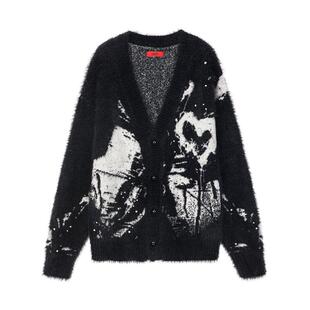 INXX仿貂毛时尚针织衫男女同款水墨爱心提花宽松V领毛衣开衫