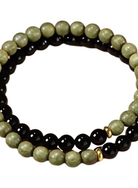 普陀山天然绿檀木黑曜石双圈手串