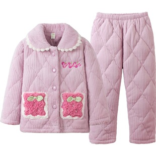 噜噜牛女童睡衣冬季法兰绒三层夹棉加厚女孩中大童珊瑚绒家居服