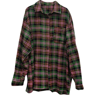 现货韩国2026春秋季新款女装背后刺绣粉绿色格子宽松衬衫