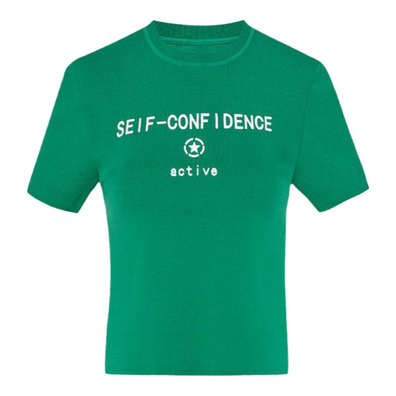 曼德诗修身针织衫女2025夏俏皮设计感短款紧身圆领小上衣短袖百搭