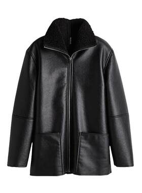HM女装短外套时尚泰迪绒保暖衬里涂层皮质毛领派克服1266418