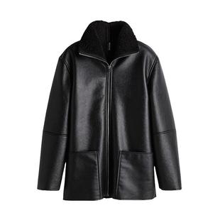 HM女装短外套冬季时尚泰迪绒保暖衬里涂层皮质毛领派克服1266418