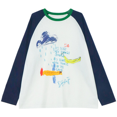 轻薄凉爽款撞色插肩袖涂鸦T恤