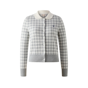 【可机洗羊毛】Eland衣恋毛针织衫女翻领长袖格纹开衫2025冬新款