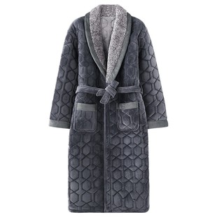 猫人睡袍男冬季珊瑚绒夹棉袄睡衣三层加厚保暖加绒法兰绒浴袍