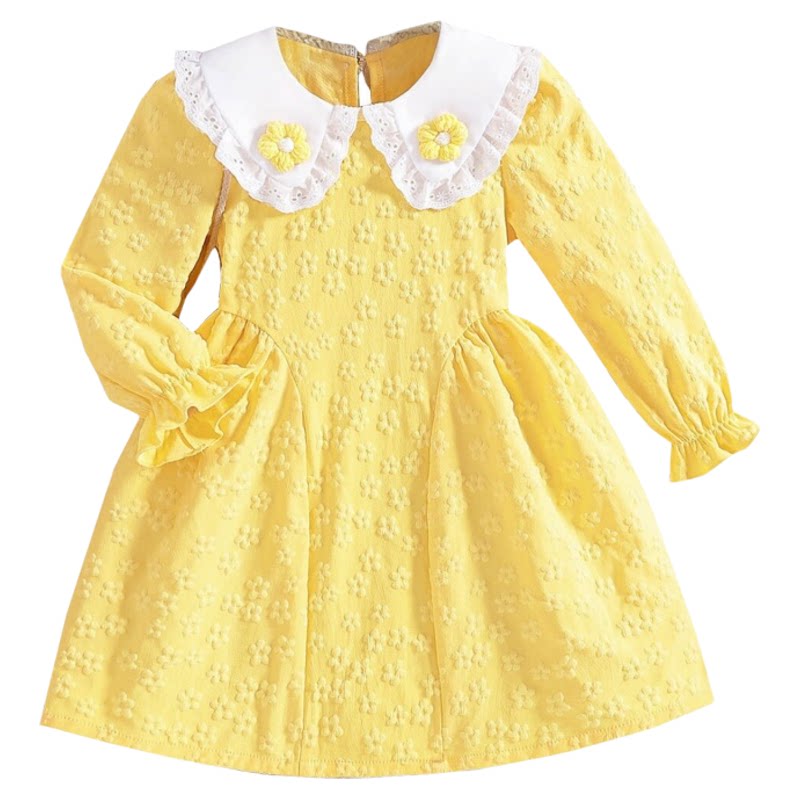 女童提花连衣裙春秋新款黄色娃娃领立体花朵公主裙生日礼服裙子