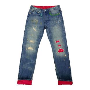 陈冠希CLOT长寿初代风格破洞做旧耐磨赤耳红丝绸印花直筒牛仔裤