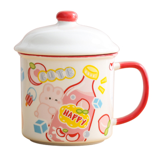 创意汽水陶瓷马克杯带盖家用创意仿搪瓷杯大容量喝水杯咖啡杯茶杯