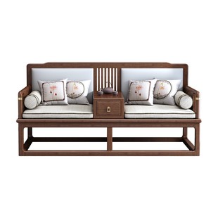 新中式实木推拉罗汉床胡桃木软包靠背客厅会所别墅茶室罗汉椅沙发