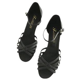 FocusDance香港焦点舞鞋少儿女童学生平跟黑色皮质拉丁舞鞋交叉款