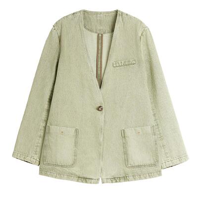 【商场同款】ELLE时髦绿色设计感牛仔外套女2025秋季新款纯棉上衣