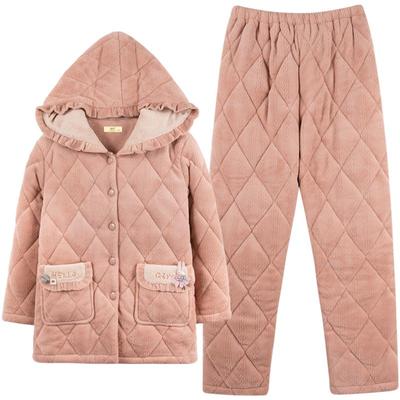 圆人珊瑚绒夹棉睡衣女连帽保暖冬