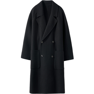 100%澳洲初剪羊毛呢子大衣男士斜纹双面毛呢大翻领双排扣长款外套