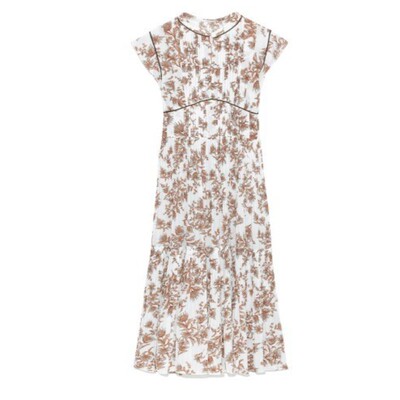 国风印花立领百褶高腰系带连衣裙