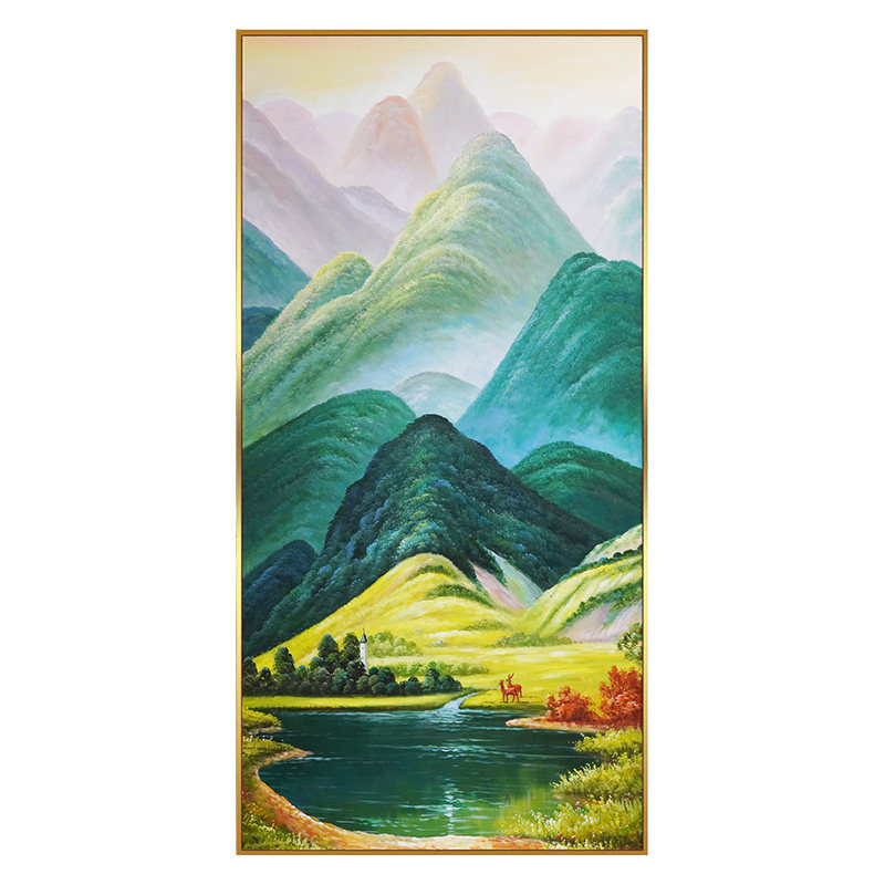 纯手绘玄关画靠山巨人山竖款油画
