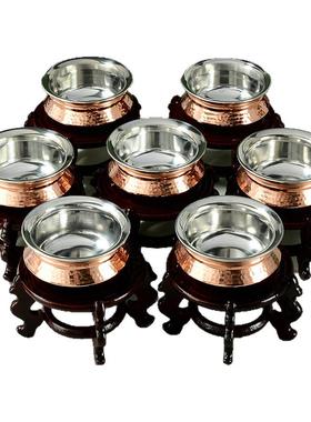 藏式高脚铜供水杯高档双层铜水碗带底座圣水杯带木托净水杯摆件