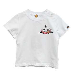 潮牌童装男童女童夏季鲨鱼纯棉短袖上衣T恤 宝宝蓝黄白色半袖背心