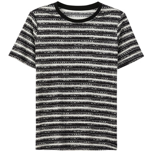 旺秋2025新款加捻真丝t恤女桑蚕丝圆领条纹印花显瘦套头半袖小衫