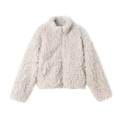 秋冬杏色立领毛毛女短款泰迪卷毛