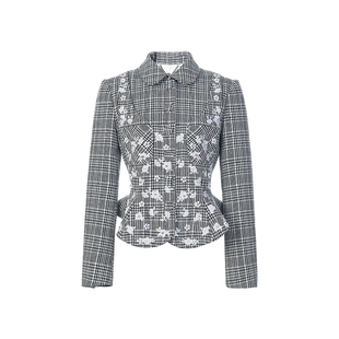 lefame拉飞姆2026春季重工梅花珠片绣中式黑白格外套