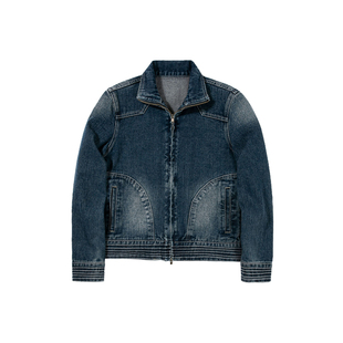 UNRETRO 美式复古立领修身压褶牛仔外套女辣妹风短款拉链开衫外套