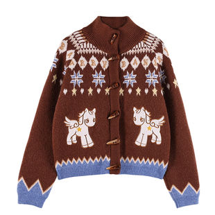 BarryBanny女童针织开衫套装2025新款秋冬儿童半高领复古毛衣外套