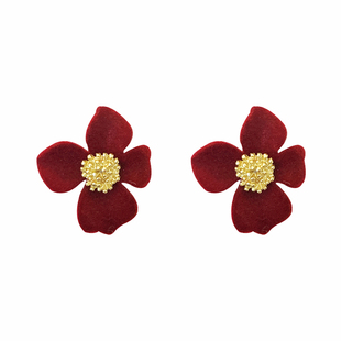 「奥莉舞会」法式复古轻奢红色丝绒花朵优雅过年秋冬耳钉/耳夹女