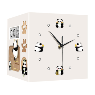 奶油风熊猫转角双面挂钟万年历电子屏时钟高级感液晶卡通钟表挂墙
