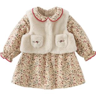 戴维贝拉儿童连衣裙套装冬装新款女童加绒碎花裙子背心两件套童装