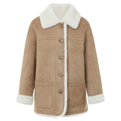 朗姿夹克翻领复古学院风短外套摩登时尚仿皮草大衣2025年冬季新款