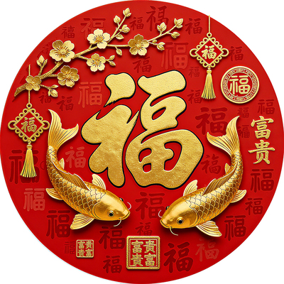 圆形福字贴乔迁新居过年福字门贴红福字装饰画家居自粘贴纸画