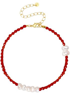 LA DECORATION微笑淡水珍珠红玛瑙串珠手链气质红色百搭款设计感