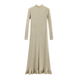 2025秋冬新款羊毛长袖针织连衣裙女半高领修身内搭打底毛衣长裙子